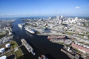 Aerial view of Tampa Bay Area, Florida with waterway and ships