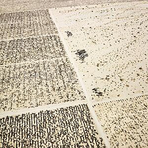 Aerial view of remote California desert with grid pattern.