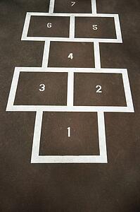 Children's hopscotch on playground concrete.