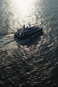 Aerial view of ferryboat transportation to Bald Head Island, North Carolina.