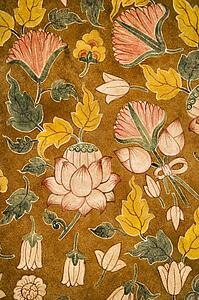 Detail of floral pattern on old temple cotton scroll from Thailand.