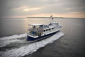 Passenger ferry crossing sea at Bald Head Island, North Carolina. 