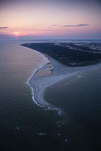 Aerial of east coast island beach of Bald Head Island, North Carolina.