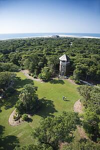 Birds eye view of tower building in wooded park at Bald Head Island, North Carolina.