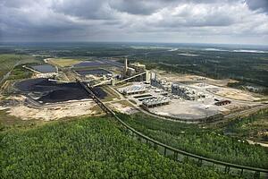 Aerial view of factory with coal in Mississippi.