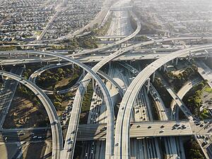 Aerial view of complex highway interchange in Los Angeles California 