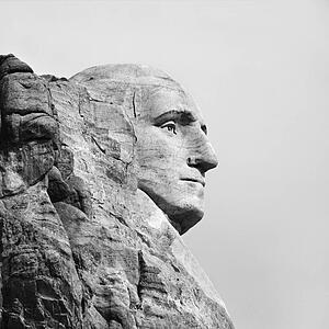 Profile of George Washington carving at Mount Rushmore, South Dakota.