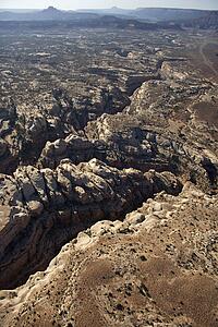 Aerial of southwest desert canyon in Canyonlands National Park in Utah