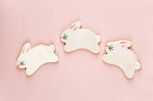 Three bunny shaped sugar cookies with decorative icing.