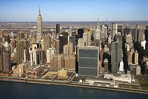 Aerial view of East River and Midtown Manhattan Buildings in New York City 