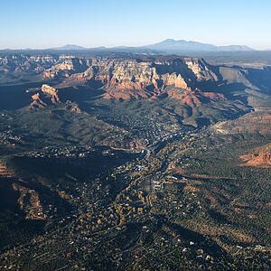Aerial of scenic small town in Arizona.