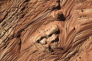 Aerial of textured red rock in desert of Arizona, USA.