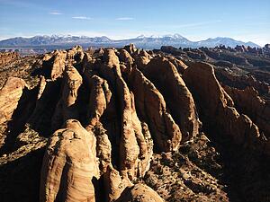 Aerial view of red rock formations in Utah Canyonlands.