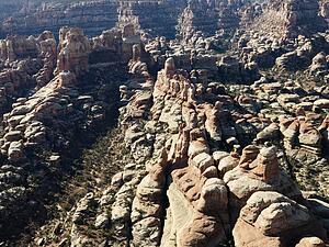 Aerial view of Utah Canyonlands with landforms.