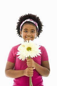 African American girl holding large Gerbera Daisies smiling at viewer.