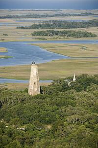 Aerial view of lighthouse on Bald Head Island, North Carolina.