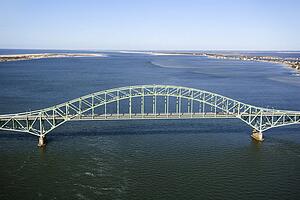 Aerial view of Robert Moses Causeway bridge in New York.