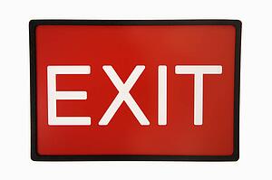 Red exit sign against white background.