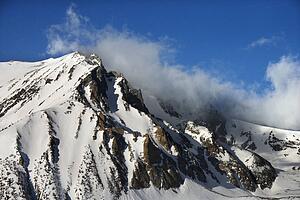 Aerial of snow covered mountain landscape in California
