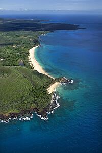 Aerial of Maui, Hawaii beach and Pacific ocean.