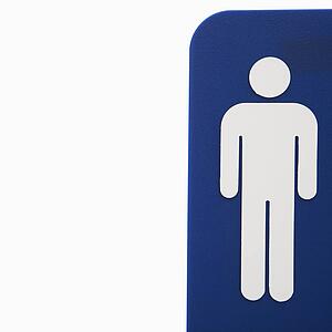 Men restroom sign logo on blue against white background.