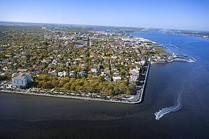 Aerial view of harbor and buildings in Charleston, South Carolina