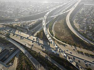 Aerial view of complex highway interchange in Los Angeles California