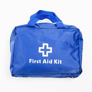 Blue first aid kit on white background.