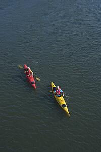 Aerial of two teenage boys kayaking on Bald Head Island in North Carolina