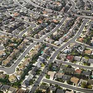 Aerial view of sprawling Southern California urban housing development.