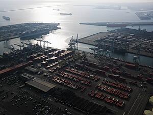 Aerial view of dock with cargo containers for shipping in Los Angeles, California