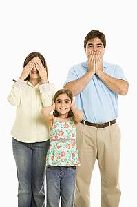 Family doing hear no evil, see no evil, speak no evil gestures