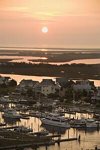 Aerial view of coastal village with marina on Bald Head Island, North Carolina