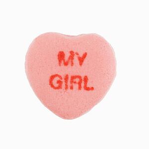 Pink candy heart that reads my girl against white background.