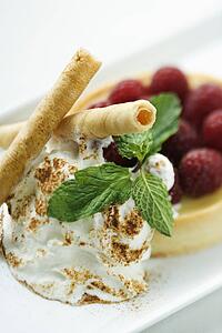 Still life of gourmet dessert with professional presentation.