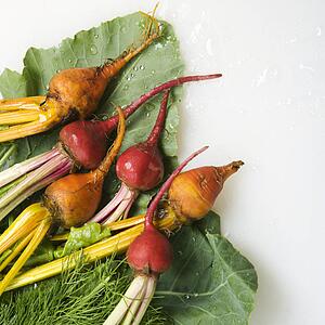 Freshly washed red and golden beets resting on lettuce leaf.