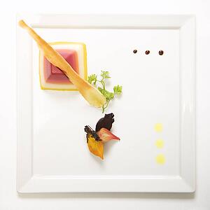 Pyramid of golden beet terrine with parsnips.