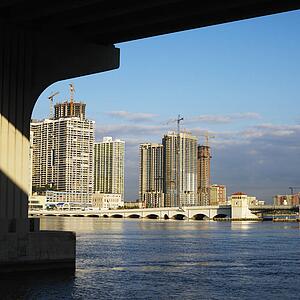 Waterfront skyline with bridge in Miami, Florida, USA.