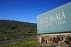 Haleakala National Park entrance sign in Maui, Hawaii.