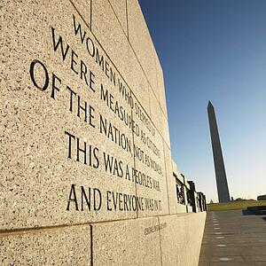 World War II Memorial with Washington Monument in Washington, D. C., USA.