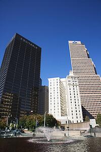 Tall buildings with water fountain in downtown Atlanta, Georgia.
