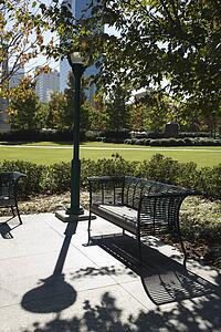 Empty bench in urban park in Atlanta, Georgia.