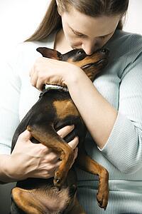 Caucasian woman holding and kissing Miniature Pinscher dog.