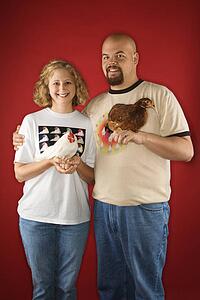 Caucasian mid-adult man and woman holding chickens.