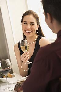 Mid adult couple smiling and drinking wine and dining