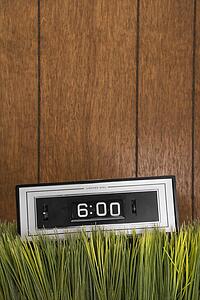 Studio shot of retro alarm clock placed in grass with wood paneling in background