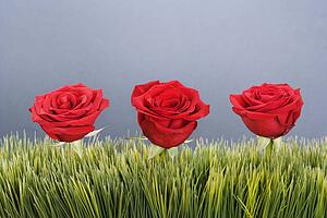 Three red roses growing out of artificial green grass.