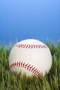 Studio shot of baseball resting in grass.