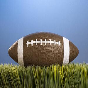 Studio shot of football resting in grass