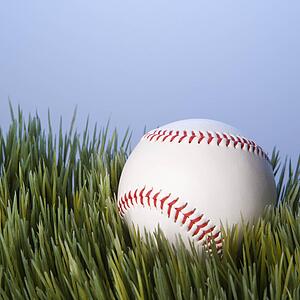 Studio shot of baseball resting in grass.